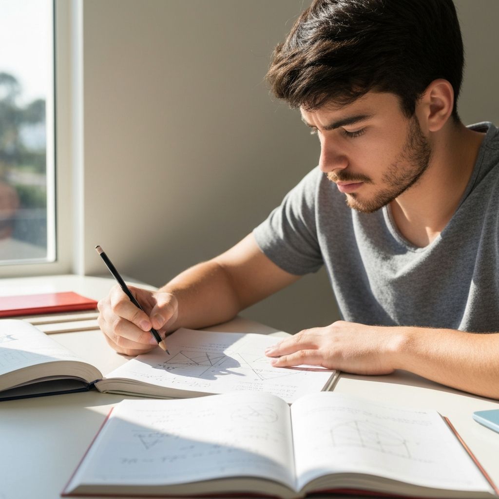 High school student studying maths with textbook and notes
