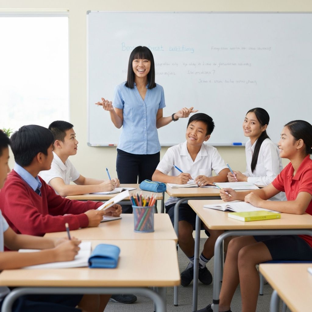 Teacher lecturing 8 diverse Year 7 students from Australian, Asian and Indian backgrounds in a classroom