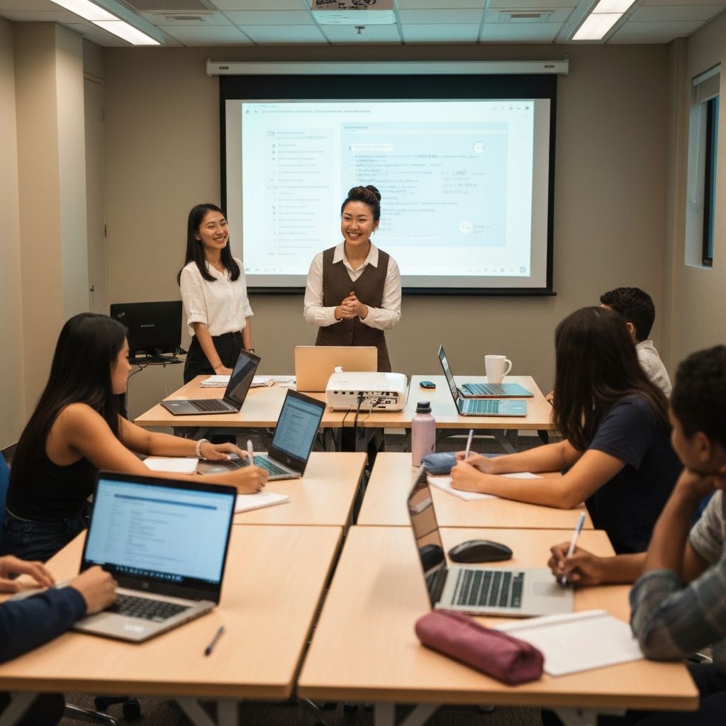 Tutor standing at front of projector screen teaching exactly 8 Year 8 students from diverse Australian, Asian and Indian backgrounds sitting at individual desks in professional tutoring centre